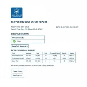 A clean, high-fidelity infographic showing an example of a footwear lab report. Professional layout with highlighted "callout" boxes pointing to key sections: "Accredited Lab Logo," "Batch ID," "Pass/Fail Summary," and "Chemical Thresholds." Use a professional blue and white color scheme, with green checkmarks for "Pass" results. Clear, legible, and organized.