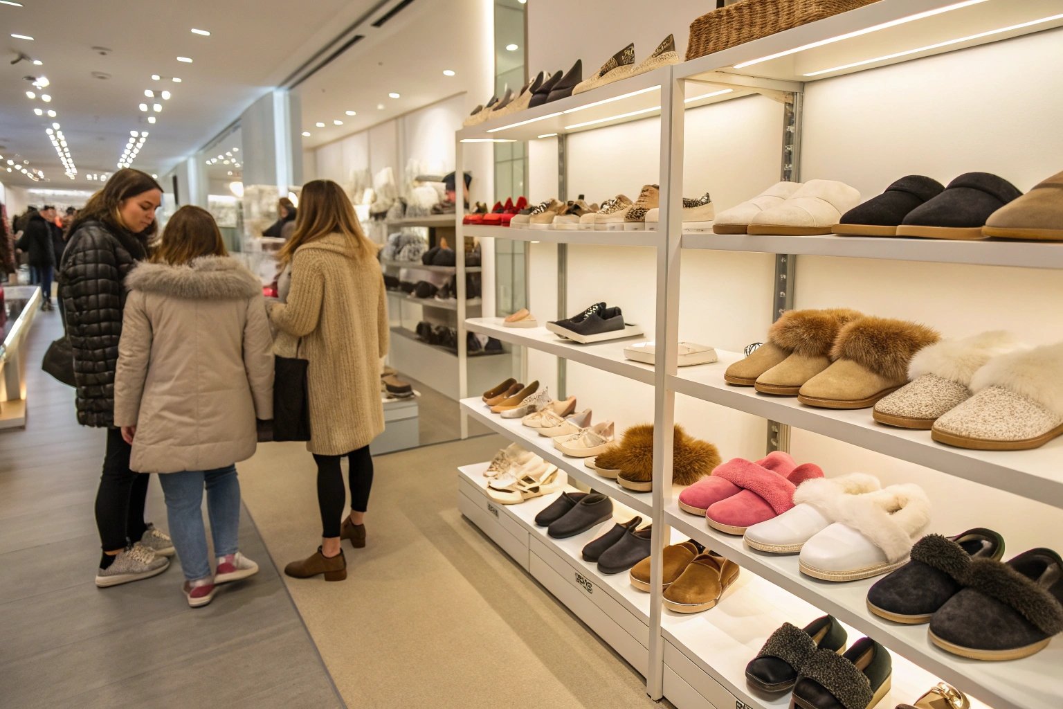 Modern retail store interior, displaying brightly lit slippers and casual shoe racks, with three customers browsing nearby.