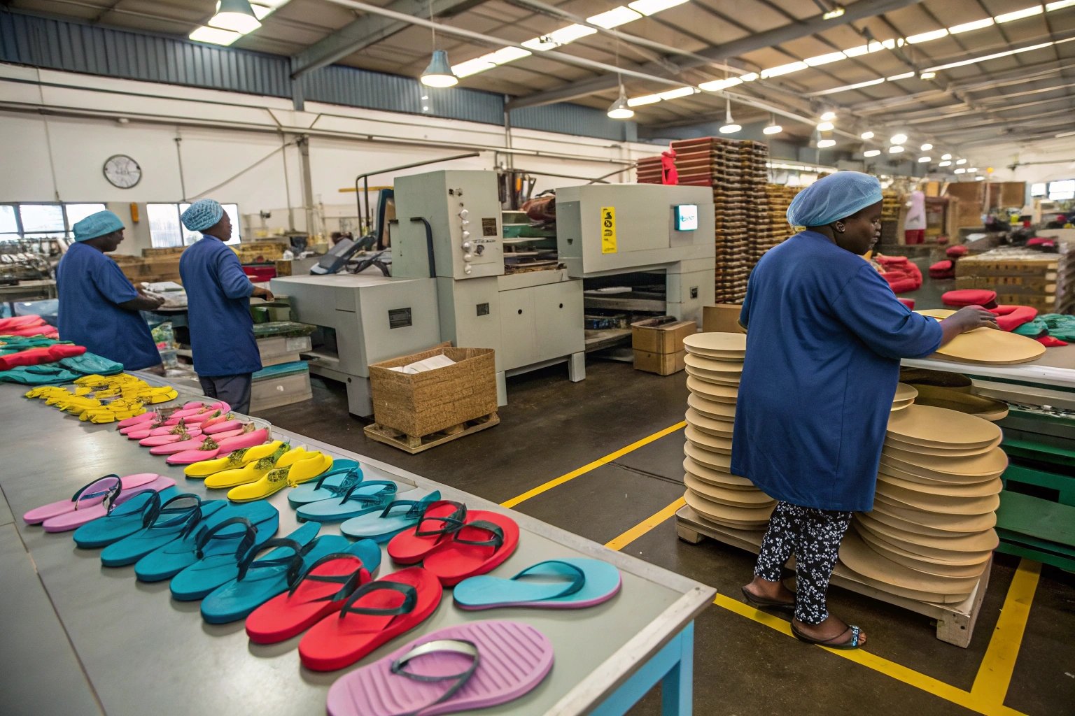 A modern footwear manufacturing facility in South Africa specializing in EVA and rubber slippers. The factory floor is busy with workers operating machines, assembling colorful slippers in bulk. Stacks of finished slippers in various designs are neatly arranged for distribution. The atmosphere reflects efficiency, local production, and high-quality craftsmanship..