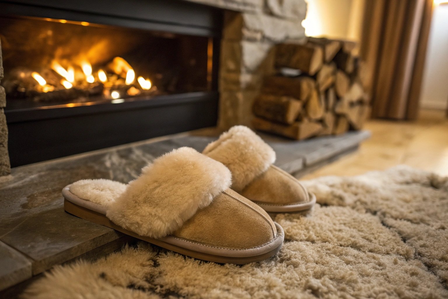 A luxurious pair of sheepskin slippers, placed elegantly on a cozy wool rug near a fireplace. The slippers have a soft, plush interior, showcasing premium craftsmanship. Warm, golden lighting enhances the texture of the sheepskin, evoking a sense of comfort and relaxation. Photorealistic, high detail, cinematic lighting.