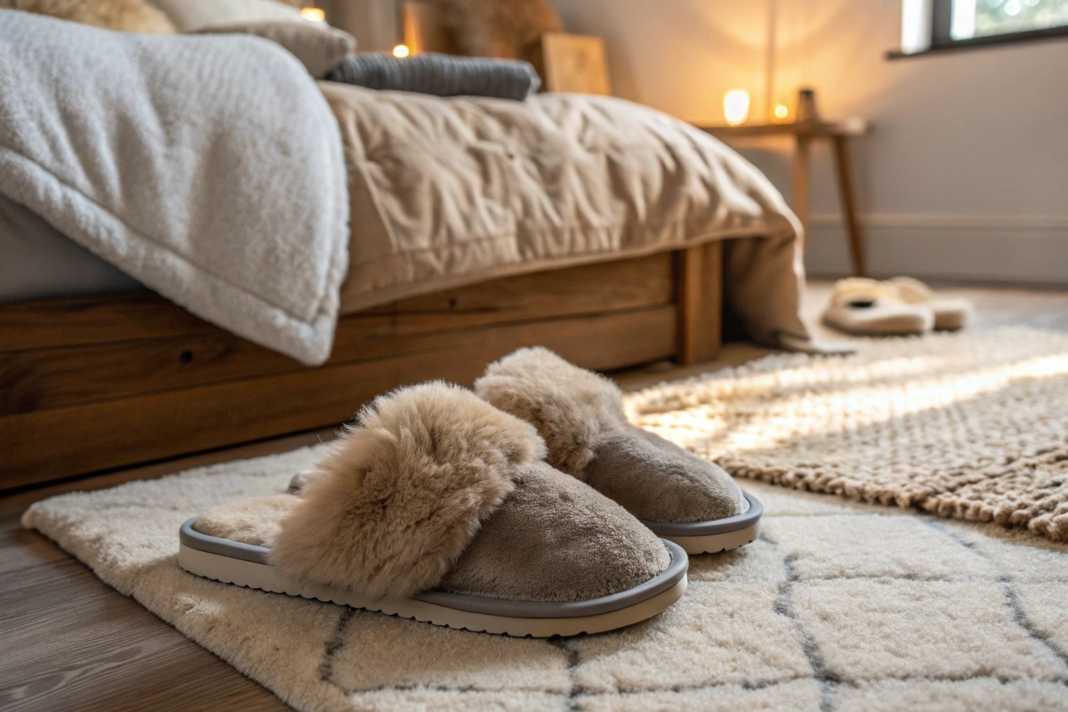 A pair of faux fur Bedroom Athletics slippers resting on a soft rug in a warmly lit bedroom. The setting feels cozy and modern with neutral tones and plush textures, emphasizing comfort and home luxury.