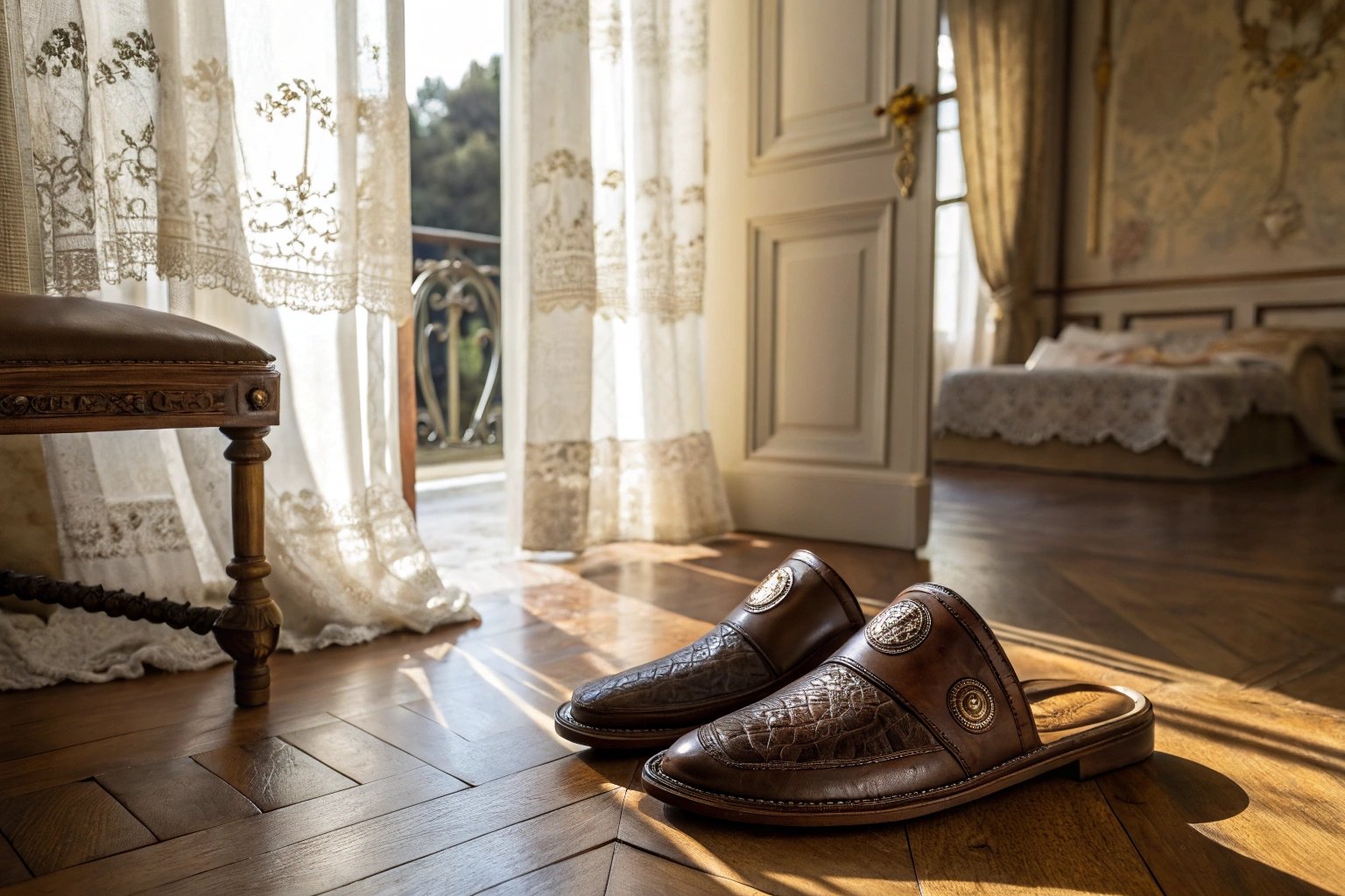 A pair of elegant Ambiorix leather slippers resting on a polished wooden floor in a classic Belgian living room, emphasizing heritage and premium craftsmanship.