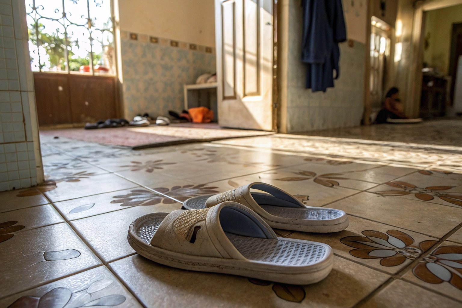 A pair of basic, durable Condor slippers on a tiled floor in a modest Algerian home, emphasizing affordability and daily practicality.