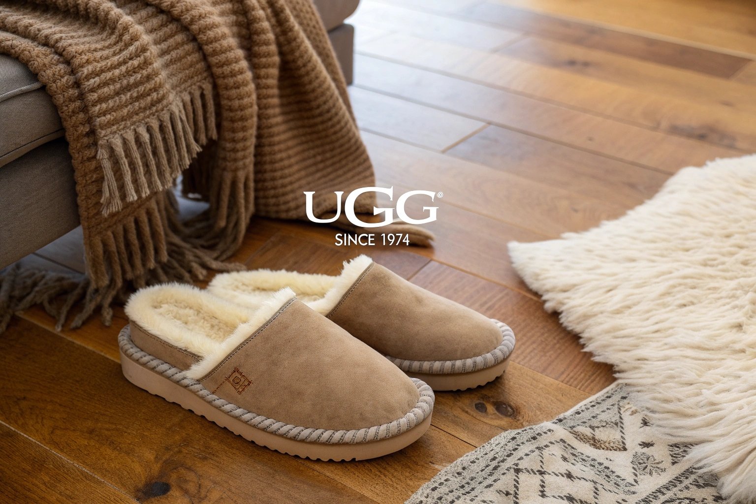 A pair of premium sheepskin slippers by UGG Since 1974 resting beside a wool throw, highlighting Australian craftsmanship and comfort.