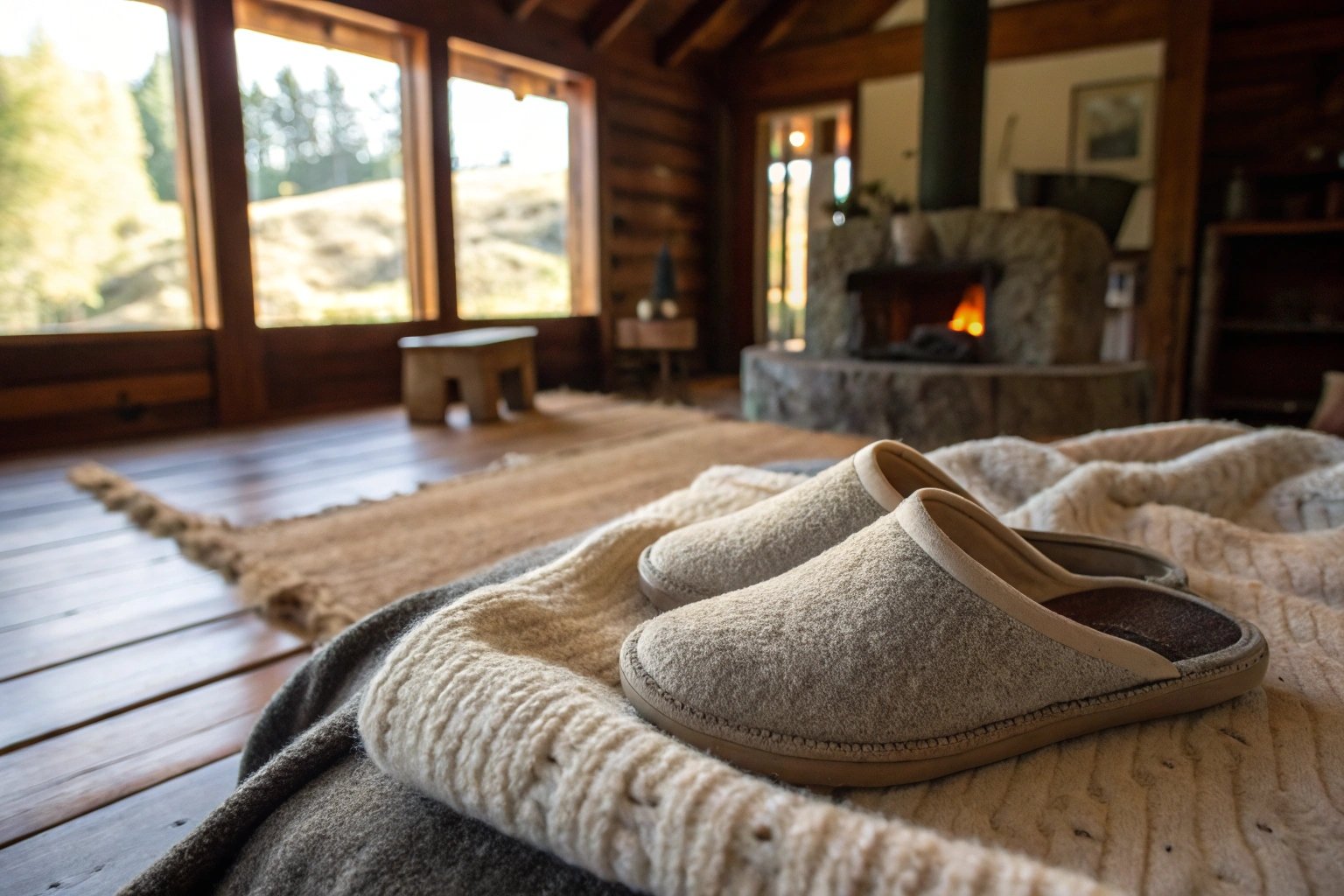 Merino wool slippers from McDonald Textiles on a wool blanket in a rustic cabin, highlighting New Zealand-made warmth and comfort.