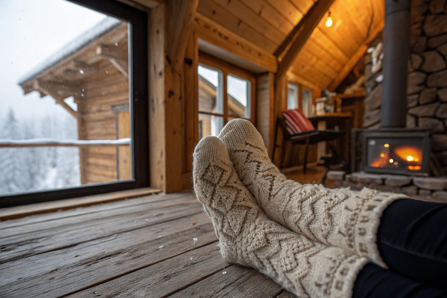 Wool socks used as slippers on wooden floors in a warm Norwegian cabin, evoking traditional indoor comfort."