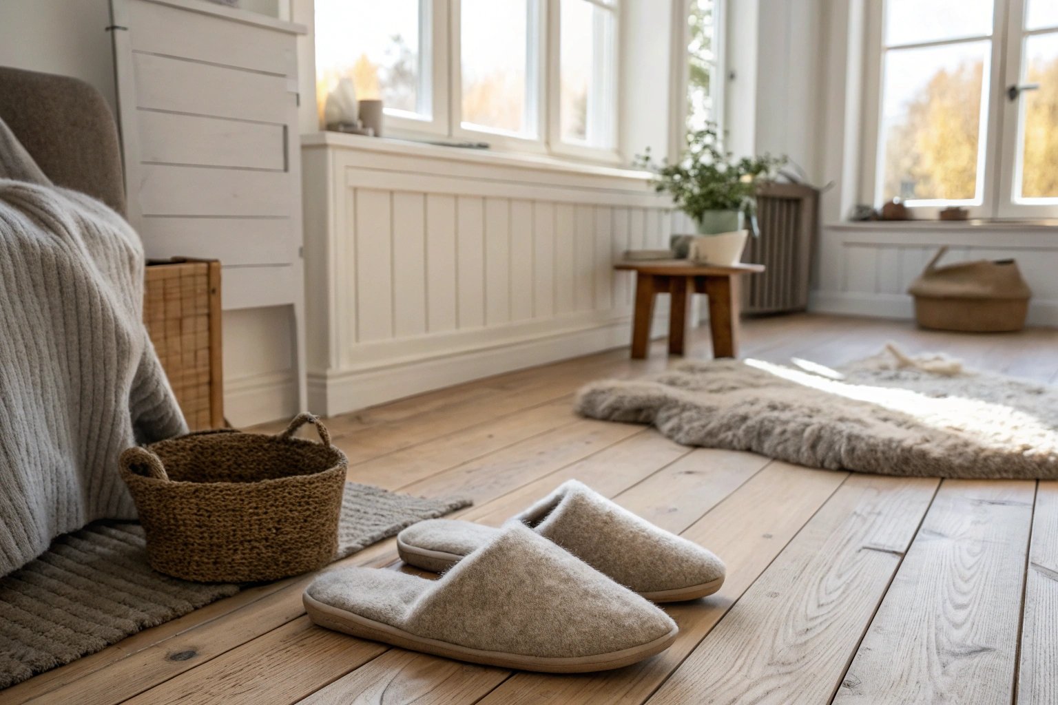 "Glerups felted wool slippers placed in a serene Danish interior, capturing minimalist and cozy 'hygge' style."