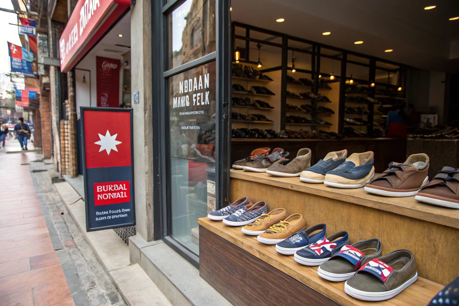 "Goldstar slippers in a Kathmandu storefront, representing one of Nepal’s most recognized local footwear brands."