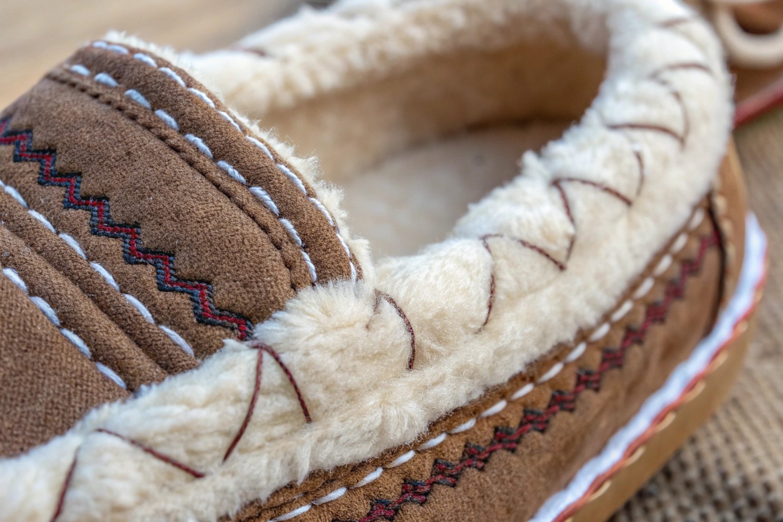 Detailed image of stitching securing the lining inside a winter slipper, showing thread patterns and fabric layers.