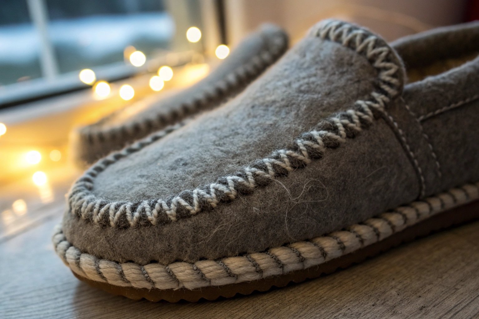  Close-up of neat and durable sewing on a winter slipper, showing strong seams and quality stitching for long-lasting wear.