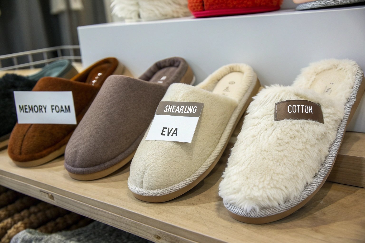 Four fur-lined slippers in beige, white, gray, and brown, displayed on a patterned rug in a cozy indoor setting.