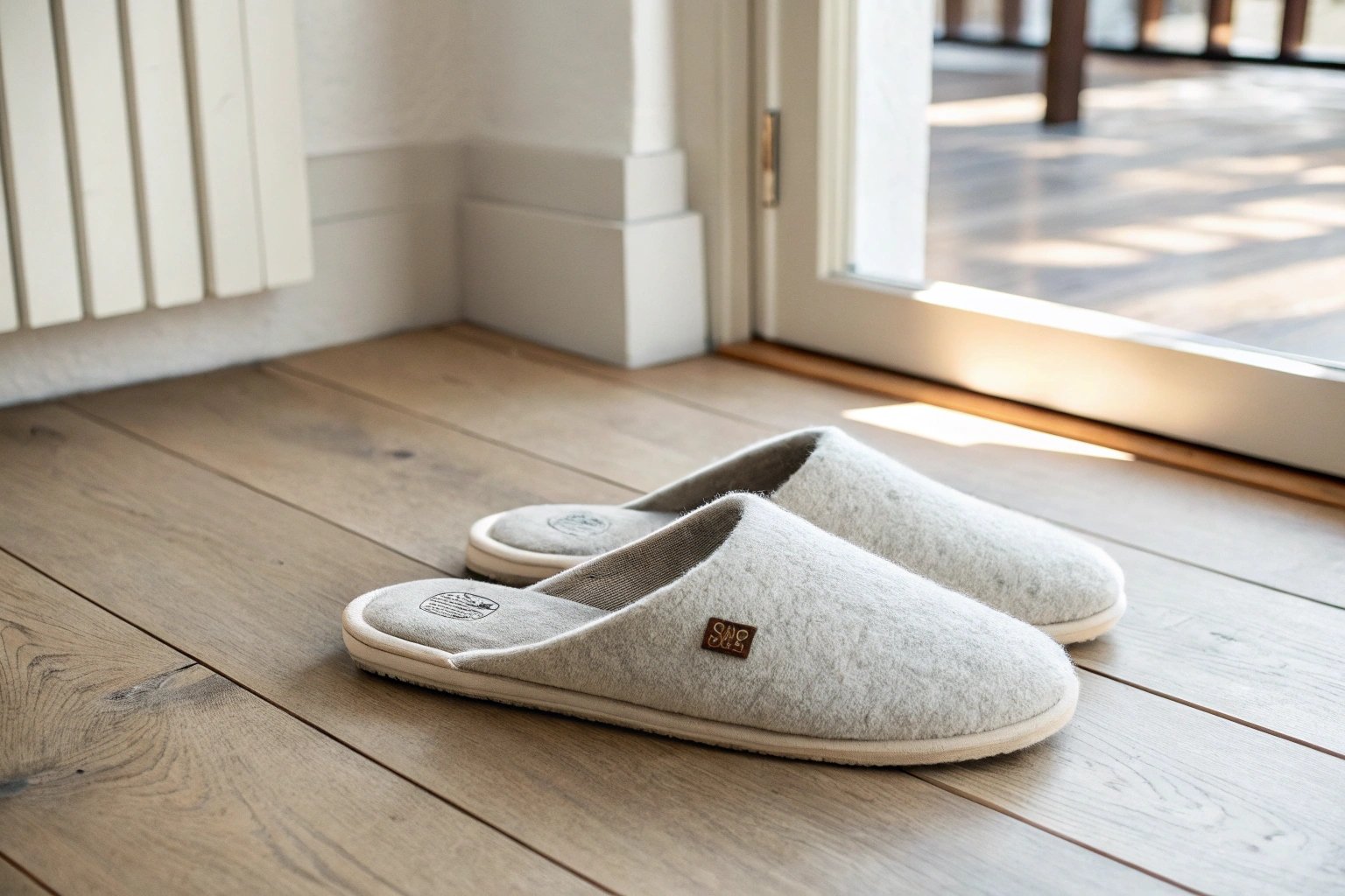 A minimalist and stylish pair of 100% wool felt slippers on a clean Scandinavian-inspired wooden floor, with soft natural lighting. The slippers have a modern, seamless design with a subtle branding detail. Neutral color palette, high detail, cozy and airy feel.