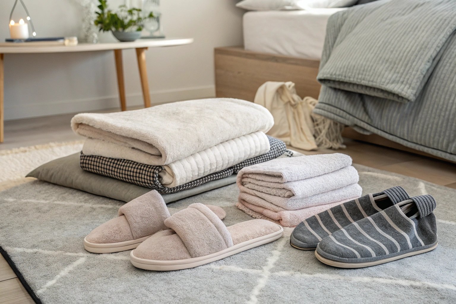 A simple pair of HEMA slippers placed near a doorway in a bright Dutch home, reflecting functional, affordable comfort with minimalist design.
