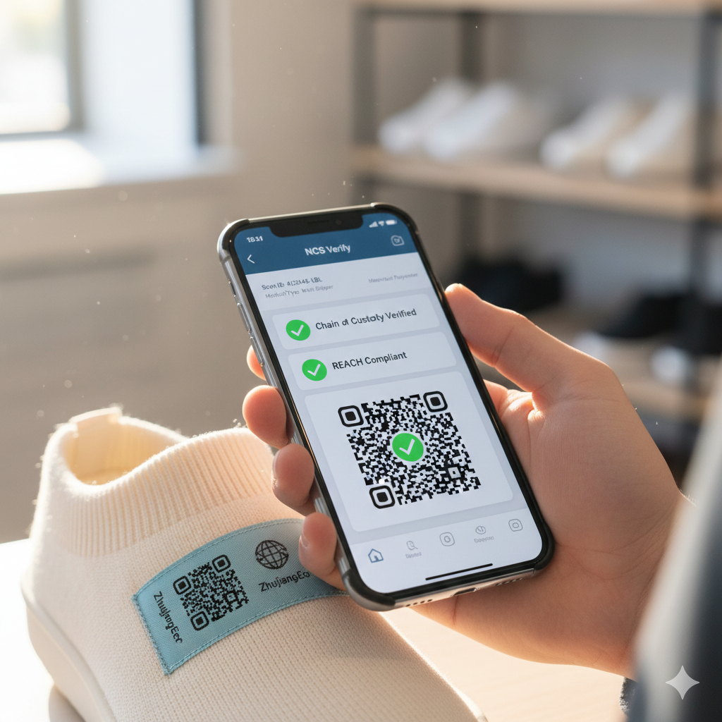 Close-up of a person's hand holding a sleek smartphone, scanning a QR code on a high-quality textile label attached to a slipper. The phone screen displays a sophisticated dashboard with green checkmarks, "Chain of Custody Verified," and "REACH Compliant" text. Soft natural lighting, professional retail environment, focus on the interaction between the physical product and digital data.