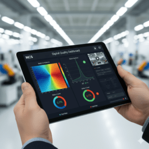 A sleek tablet screen displaying a "Digital Quality Dashboard" for a manufacturing plant. The screen shows real-time data visualizations: heat maps of batch consistency, Shore Hardness histograms, and a live production line feed. The dashboard is clean, modern, and high-tech. Blurred factory background to emphasize the digital interface. Labeled "NCS Real-Time Compliance Portal."