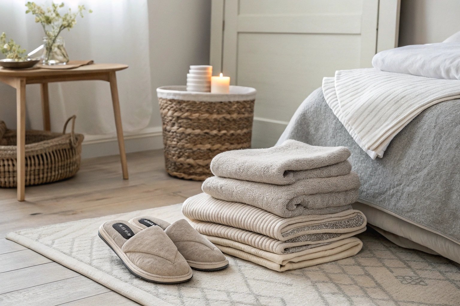A pair of Ten Cate slippers sits neatly beside folded loungewear and socks in a peaceful, modern Dutch bedroom, emphasizing softness and everyday comfort.