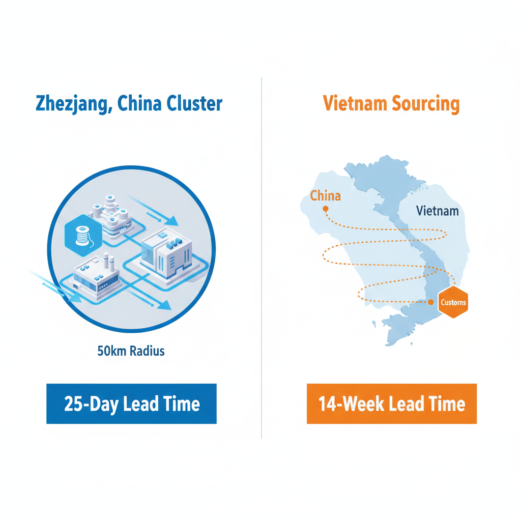 A high-end split-screen infographic. Left side: "Zhejiang, China Cluster" showing a 50km radius circle, icons of yarn mills and a slipper factory connected by short, fast-moving arrows, labeled "25-Day Lead Time." Right side: "Vietnam Sourcing" showing long, winding dotted lines crossing a sea from China to Vietnam, passing through a "Customs" icon, labeled "14-Week Lead Time." Minimalist, clean corporate style, blue and orange color coding.