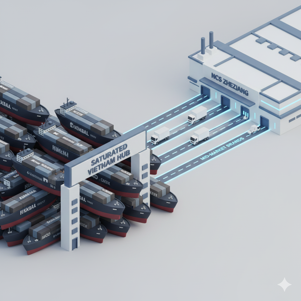 A conceptual 3D illustration. A giant factory gate labeled "Saturated Vietnam Hub" is crowded with huge cargo ships representing global giants. In the background, a modern, agile factory labeled "NCS Zhejiang" has dedicated lanes for "Mid-market Brands," showing organized, fast movement. Professional, clean, 3D clay-style or isometric vector.