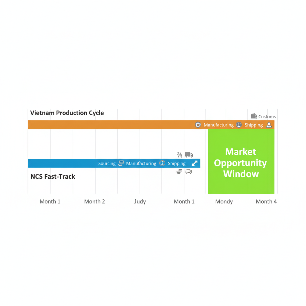 A professional business timeline comparison chart. Top bar labeled "Vietnam Production Cycle" stretching across a calendar from Month 1 to Month 4. Bottom bar labeled "NCS Fast-Track" showing a cycle completing within one month. Highlight the "Market Opportunity Window" with a glowing green area. Corporate style, clean white background, high contrast.