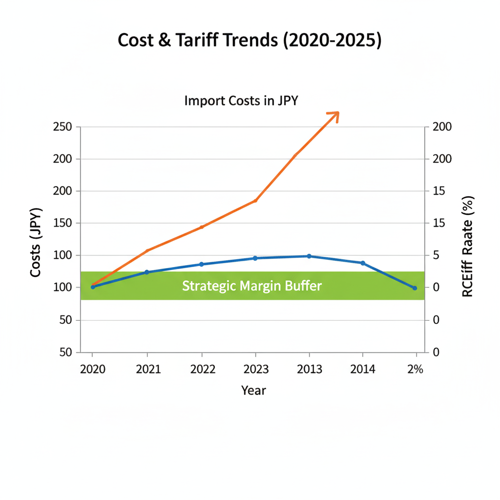 A professional financial line chart on a clean white background. One rising orange line represents "Import Costs in JPY," another declining blue line represents "RCEP Tariff Rates." A shaded green area between the lines is labeled "Strategic Margin Buffer." Minimalist corporate design, high contrast, Japanese business aesthetic.