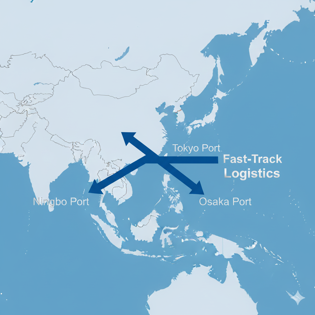 A clean, minimalist vector map of East Asia focused on the Sea of Japan. Bold, direct arrows from Ningbo Port to Tokyo and Osaka ports, labeled "Fast-Track Logistics." Faded background of other RCEP regions to emphasize the direct route. Blue and silver color palette, professional shipping infographic style.