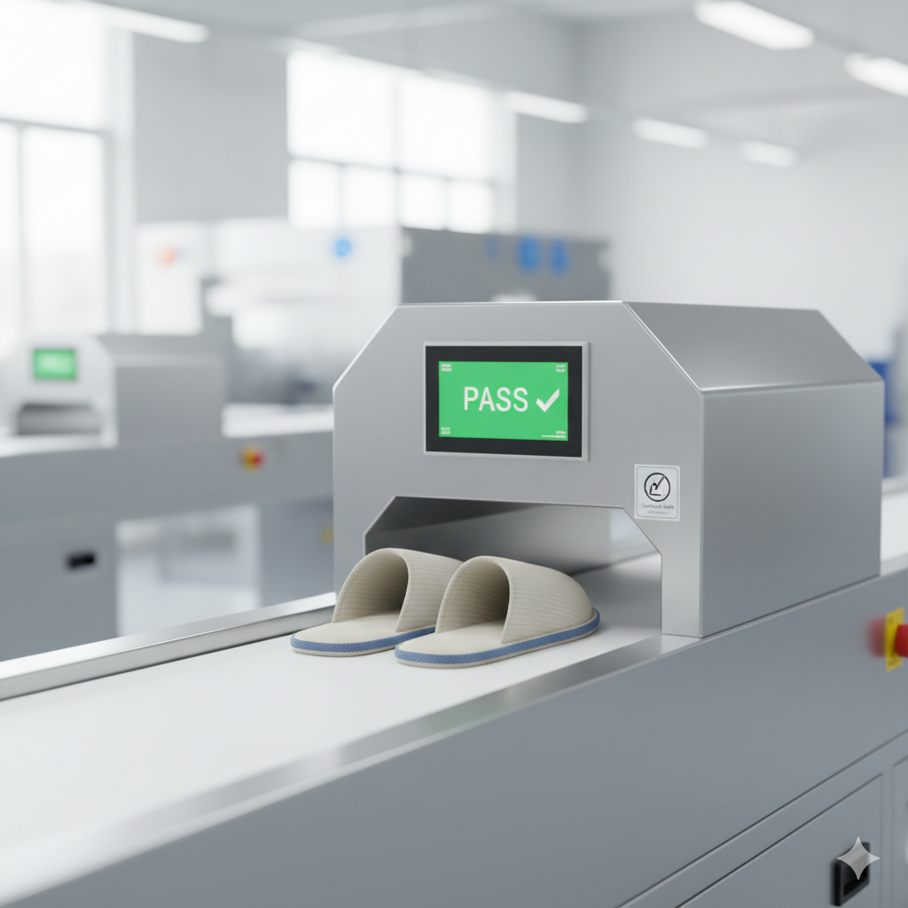 High-tech quality control line in a garment factory. A pair of cotton slippers passing through a modern digital Needle Detection machine. A digital screen on the machine shows a "Pass" signal in green. Soft, bright lighting, emphasizing cleanliness and precision. Professional photography style, focus on the safety certification label.