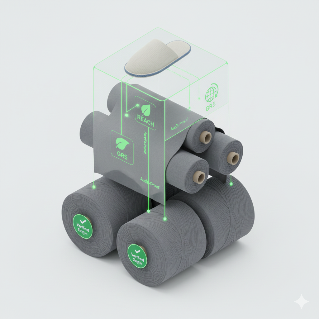 A clean, professional 3D isometric diagram showing a vertical supply chain for a textile product. Level 3 (Base): Spools of yarn with a "Verified Origin" badge. Level 2 (Middle): Fabric rolls with "REACH/GRS" icons. Level 1 (Top): A finished high-quality cotton slipper in a sleek factory setting. Connecting lines show a transparent data flow with "Audit-Proof" labels. Minimalist German corporate aesthetic, palette of charcoal grey, white, and emerald green (symbolizing compliance/sustainability).