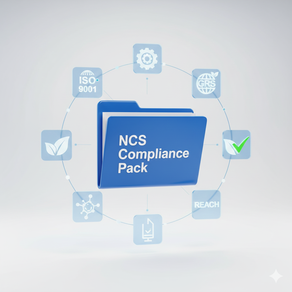 A sleek digital asset visualization. A 3D folder icon labeled "NCS Compliance Pack" in bold, professional typography. Surrounding the folder are semi-transparent floating icons of international certificates like ISO 9001, GRS, and REACH. The overall look is structured, secure, and authoritative. Corporate blue and white colors, clean lines, no clutter.