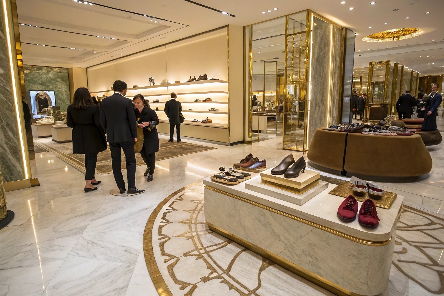 A high-end luxury shoe boutique inside a premium shopping mall, showcasing an elegant display of designer slippers and footwear. The setting is sophisticated, with marble flooring, gold accents, and ambient lighting. Customers dressed in fashionable attire are admiring and trying on high-end slippers. The overall vibe is exclusive and upscale.