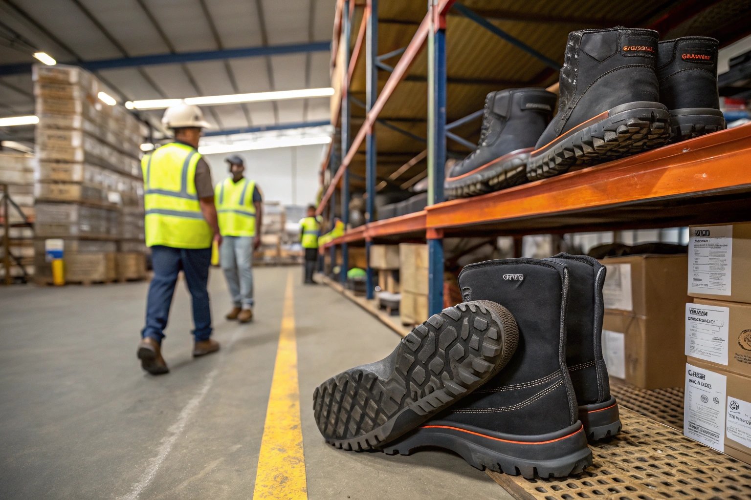 "A warehouse displaying rugged, durable rubber slippers alongside industrial work boots. The setting is practical, with shelves stocked with sturdy, waterproof footwear. The background features workers in safety gear, highlighting the brand's focus on functionality and industrial use. The image emphasizes durability, reliability, and South African craftsmanship."