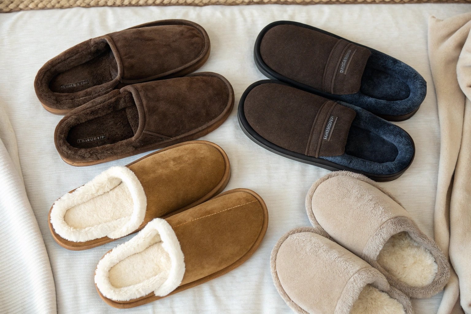 A top-down view of different types of slippers arranged in sections, showcasing closed-back slippers, open-back slippers, moccasins, bootie slippers, and slipper socks. Each section is labeled, and the slippers are made of various materials like suede, fleece, and cotton. The background is a neutral, soft fabric."