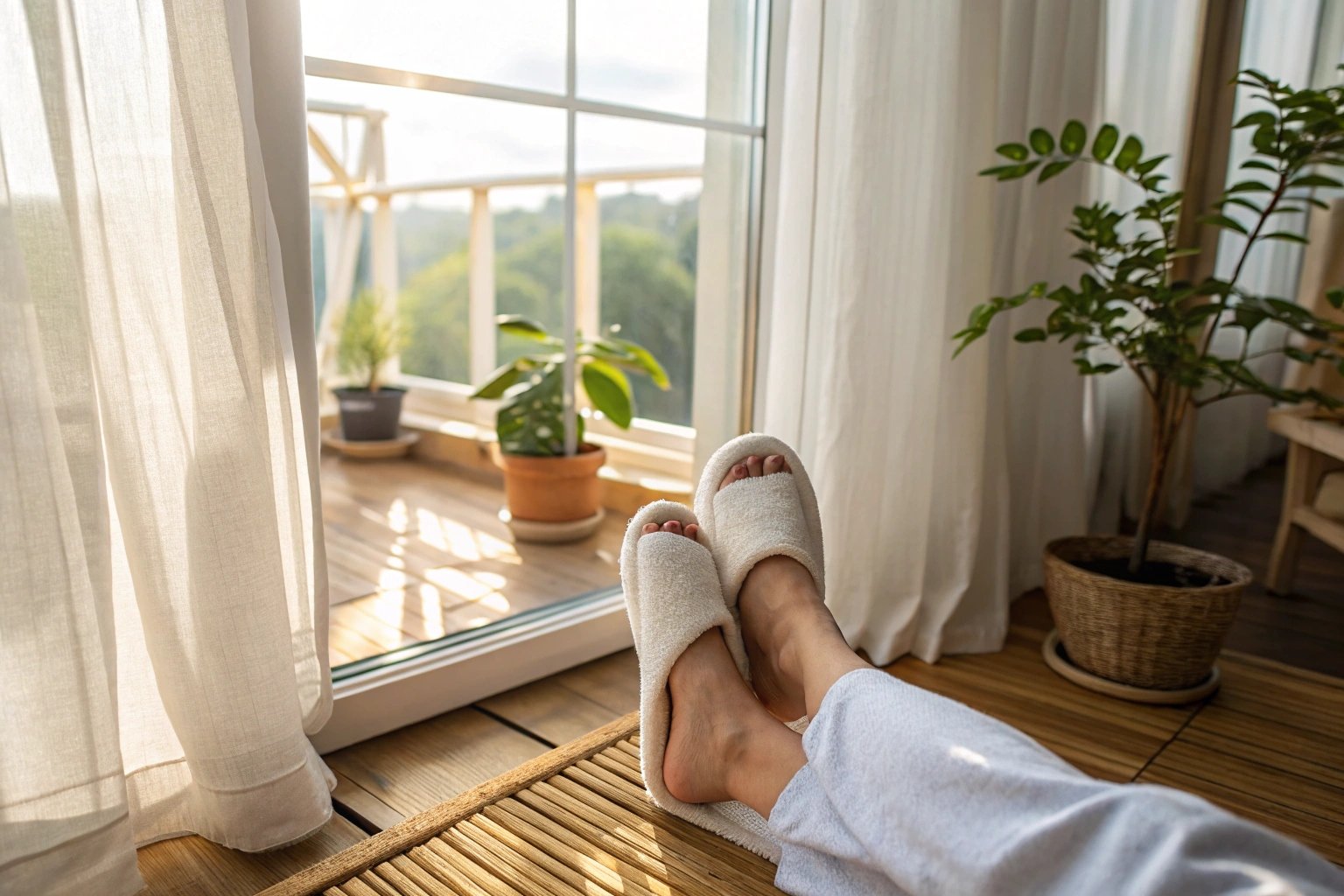A cozy indoor scene with a person relaxing in cotton open-toe slippers, sitting near a sunny window with a light summer breeze blowing the curtains. Wood or bamboo flooring, a potted plant nearby. Emphasizes breathable, natural materials and comfort. Clean, warm, peaceful vibe.