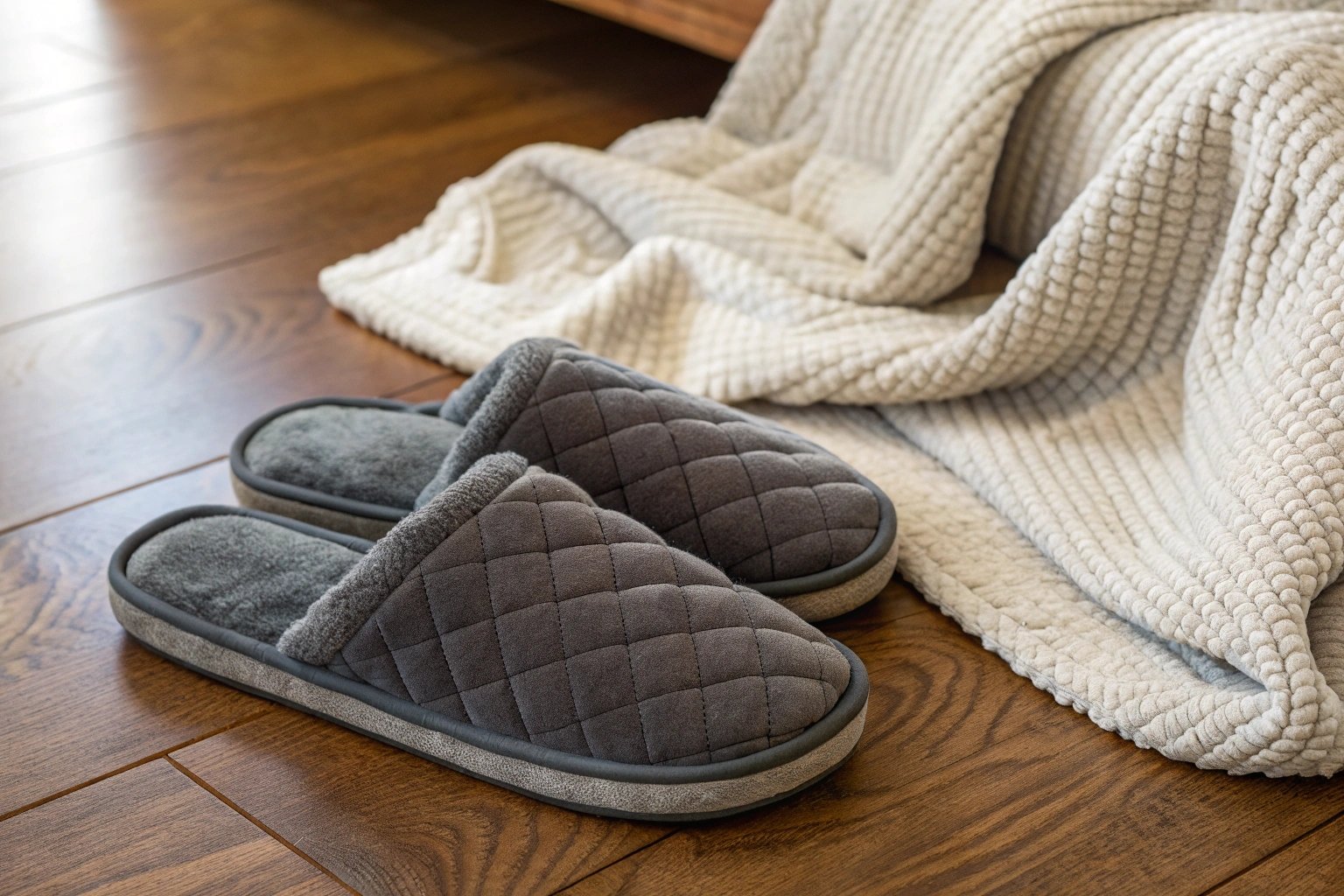 A pair of stylish yet affordable memory foam slippers resting on a wooden floor near a soft, knitted blanket. The slippers have a quilted fabric texture, offering a cozy and inviting look. The lighting is soft and warm, capturing the essence of home comfort. Close-up shot, high detail, realistic photography.