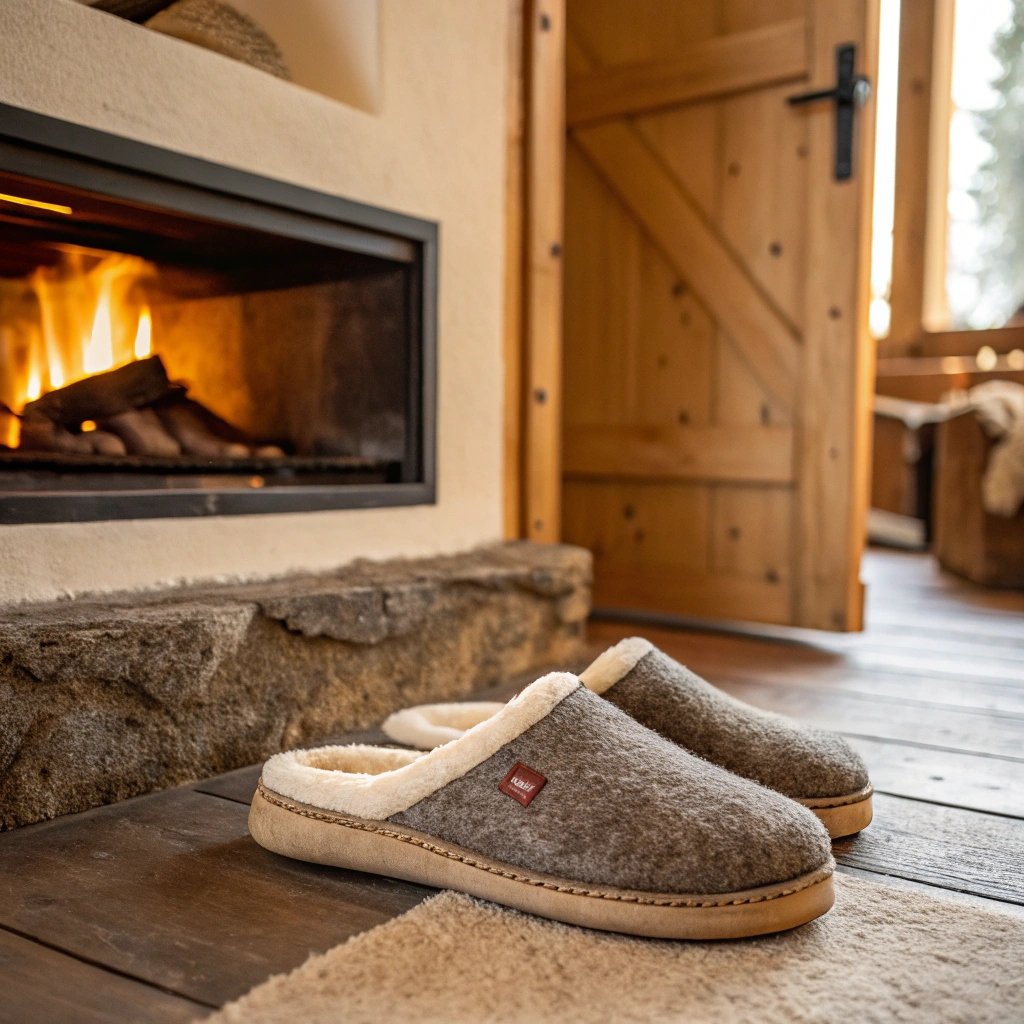 Haflinger wool felt slippers near a cozy fireplace, creating a warm and comfortable home atmosphere