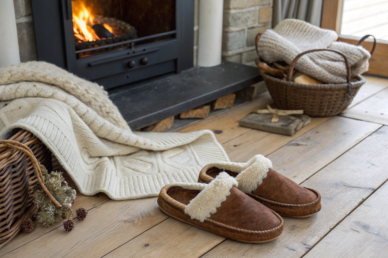 A rustic pair of sheepskin slippers by Celtic & Co. placed near a fireplace, surrounded by wool throws and a knit sweater. The setting conveys warmth, sustainability, and countryside comfort.