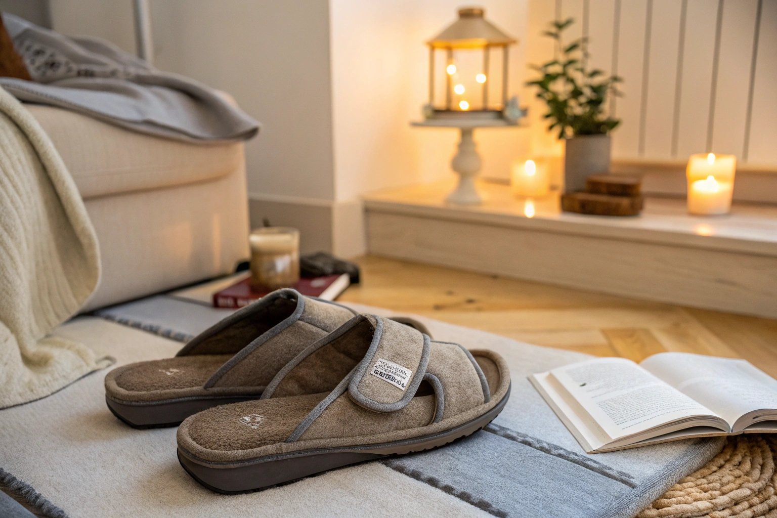 A comfortable pair of Gerba slippers with supportive soles is displayed beside a chair and book, highlighting orthopedic features in a calm Belgian home setting.