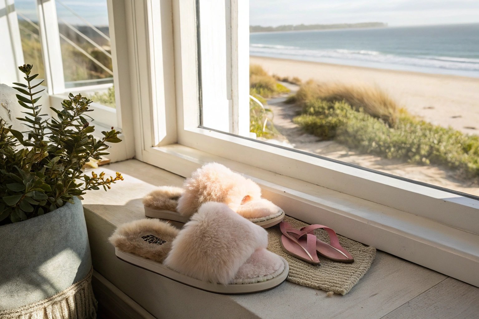 Stylish EMU Australia slippers near a sunlit window in a relaxed Australian interior, blending comfort with modern design.