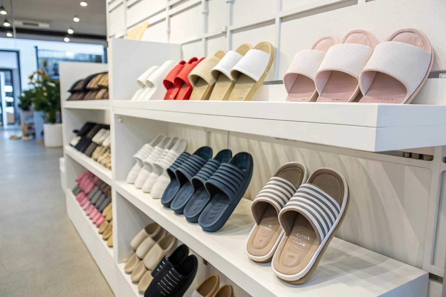Wide assortment of slippers displayed in a clean, minimalist Swedish retail environment, showcasing variety and comfort."