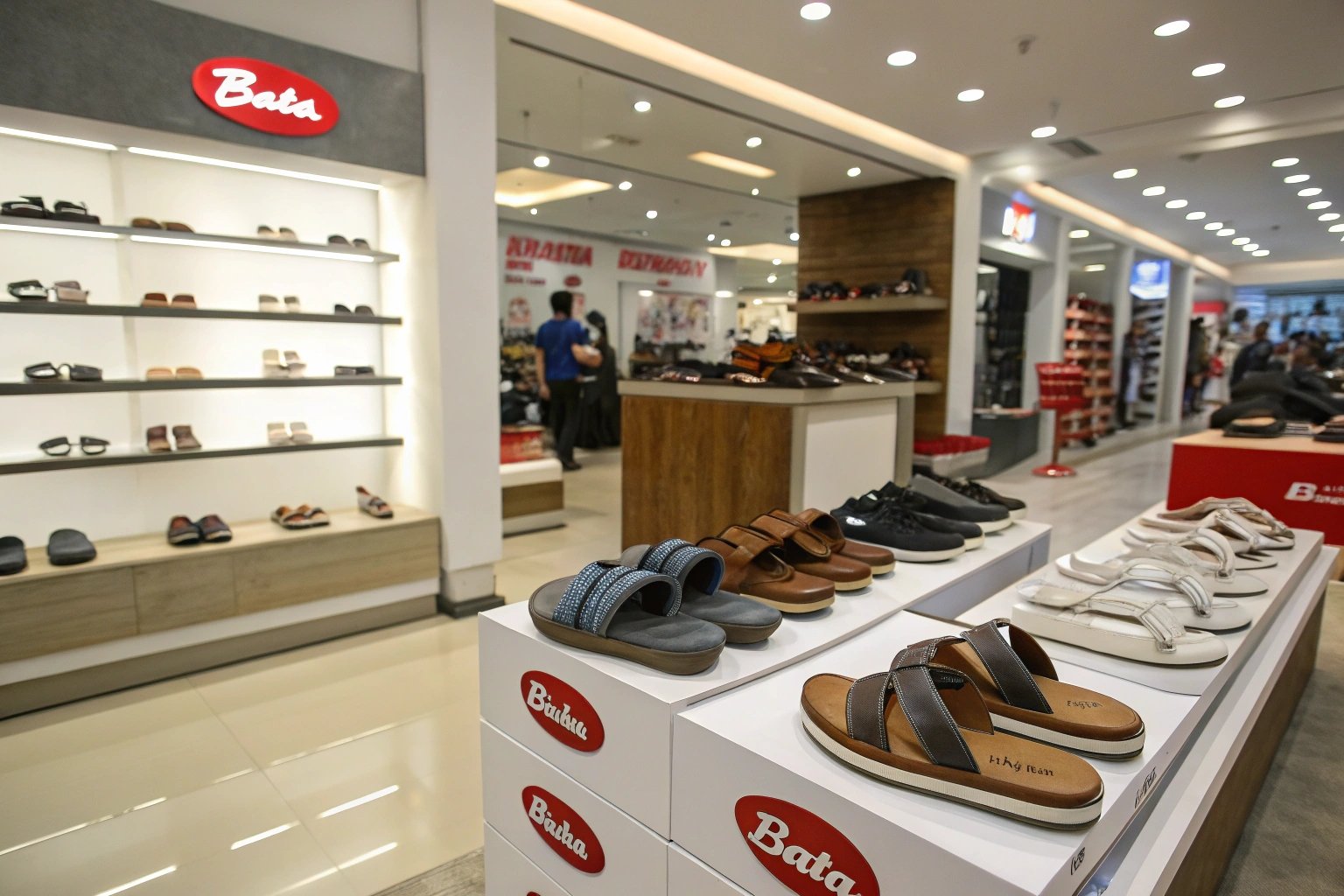 Footwear selection in a Bata Nepal retail outlet, showcasing slippers and casual footwear for local consumers."
