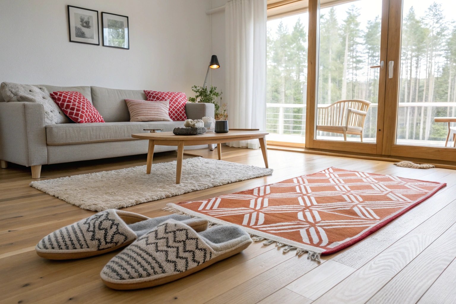 Designer felt slippers placed neatly on a warm wooden floor, with bold geometric textiles and a clean Nordic interior, reflecting Johanna Gullichsen's signature style.