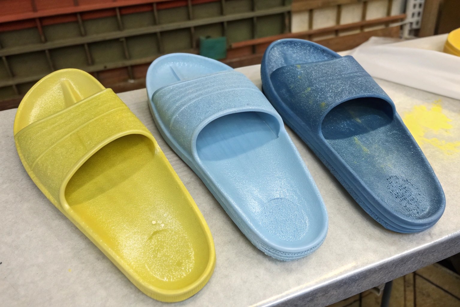 "Comparison of plastic slippers dyed using masterbatch, surface coating, and overall dyeing methods."