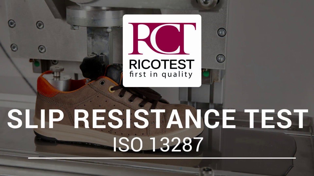 "EN ISO 13287 standard test being performed on plastic slippers for slip resistance evaluation."