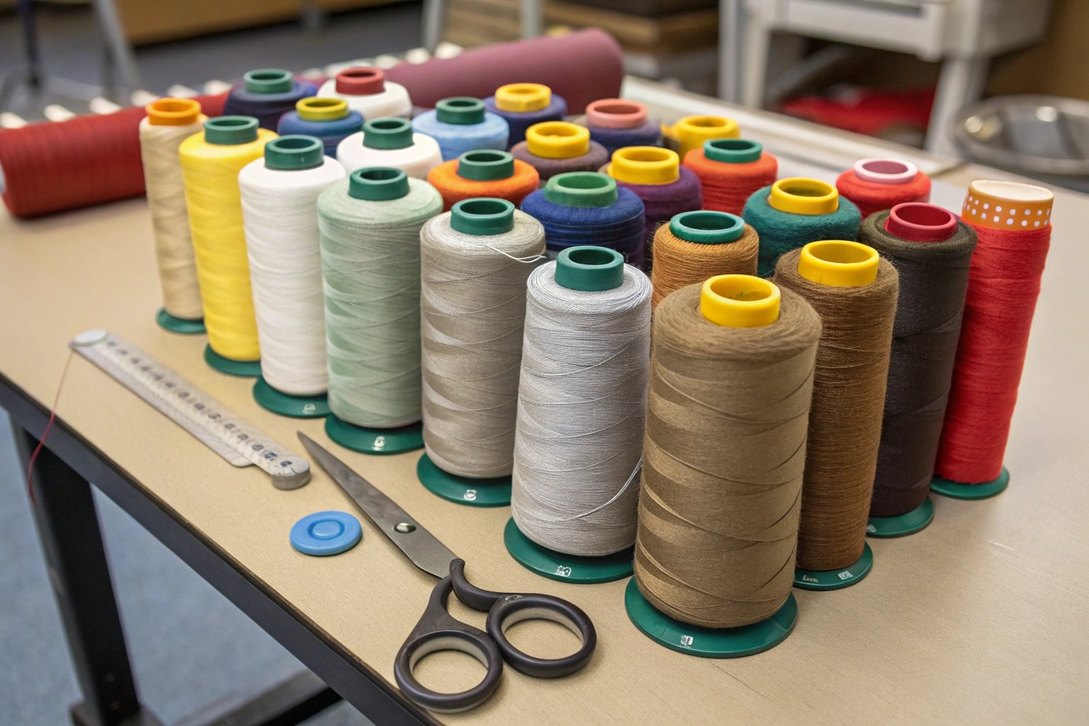 Selection of strong sewing threads for winter slippers, including polyester and nylon spools, highlighting thread strength and durability.