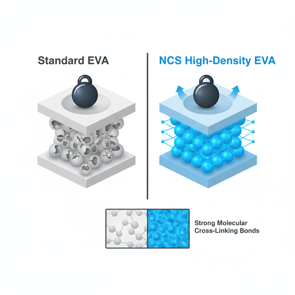 A side-by-side scientific comparison diagram. Left: "Standard EVA" showing a flattened cross-section after weight pressure. Right: "NCS High-Density EVA" showing resilient cells springing back to original height. Microscopic inset showing strong molecular cross-linking bonds (hexagonal structures). Laboratory style, 3D medical-technical visualization, clear and high-contrast.