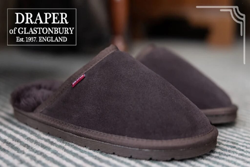 Classic brown suede slippers from Draper of Glastonbury, highlighting traditional English craftsmanship and quality