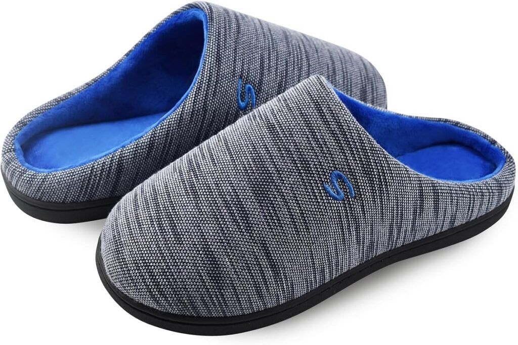 Pair of gray and blue indoor slippers with a textured fabric upper and soft plush lining, designed for comfort and warmth