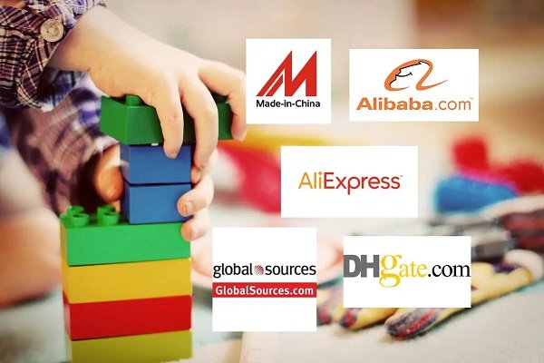 A child's hand stacking colorful toy blocks, overlaid with logos of popular B2B and B2C e-commerce platforms including Made-in-China, Alibaba, AliExpress, Global Sources, and DHgate, representing online sourcing options for wholesale products