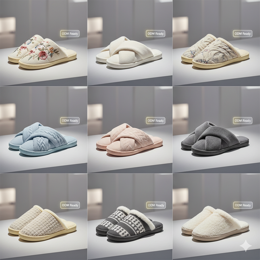 A high-end gallery display of 9 different cotton slipper designs in a grid layout. Varieties include plush textures, elegant embroidery, and minimalist modern styles. Each slipper has a small, clean digital tag floating next to it that says "ODM Ready." Neutral, bright studio lighting, soft pastel color palette, professional lifestyle product photography.