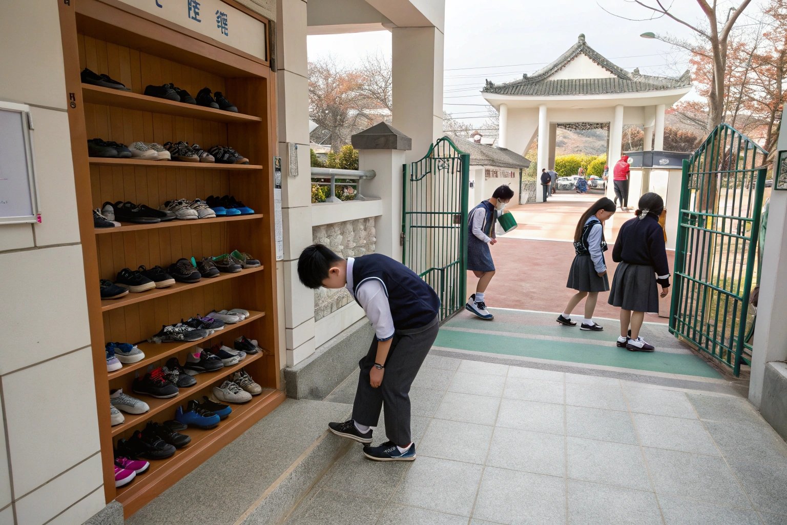 Students changing shoes at school