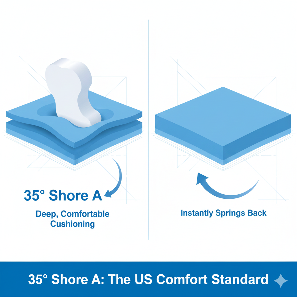 A scientific cross-section diagram of a slipper sole. On the left, a foot-shaped weight presses into the 35° Shore A foam showing deep, comfortable cushioning. On the right, the weight is removed and the foam instantly springs back to its original shape. Labeled "35° Shore A: The US Comfort Standard." Clean, 3D technical illustration, white and corporate blue aesthetic.